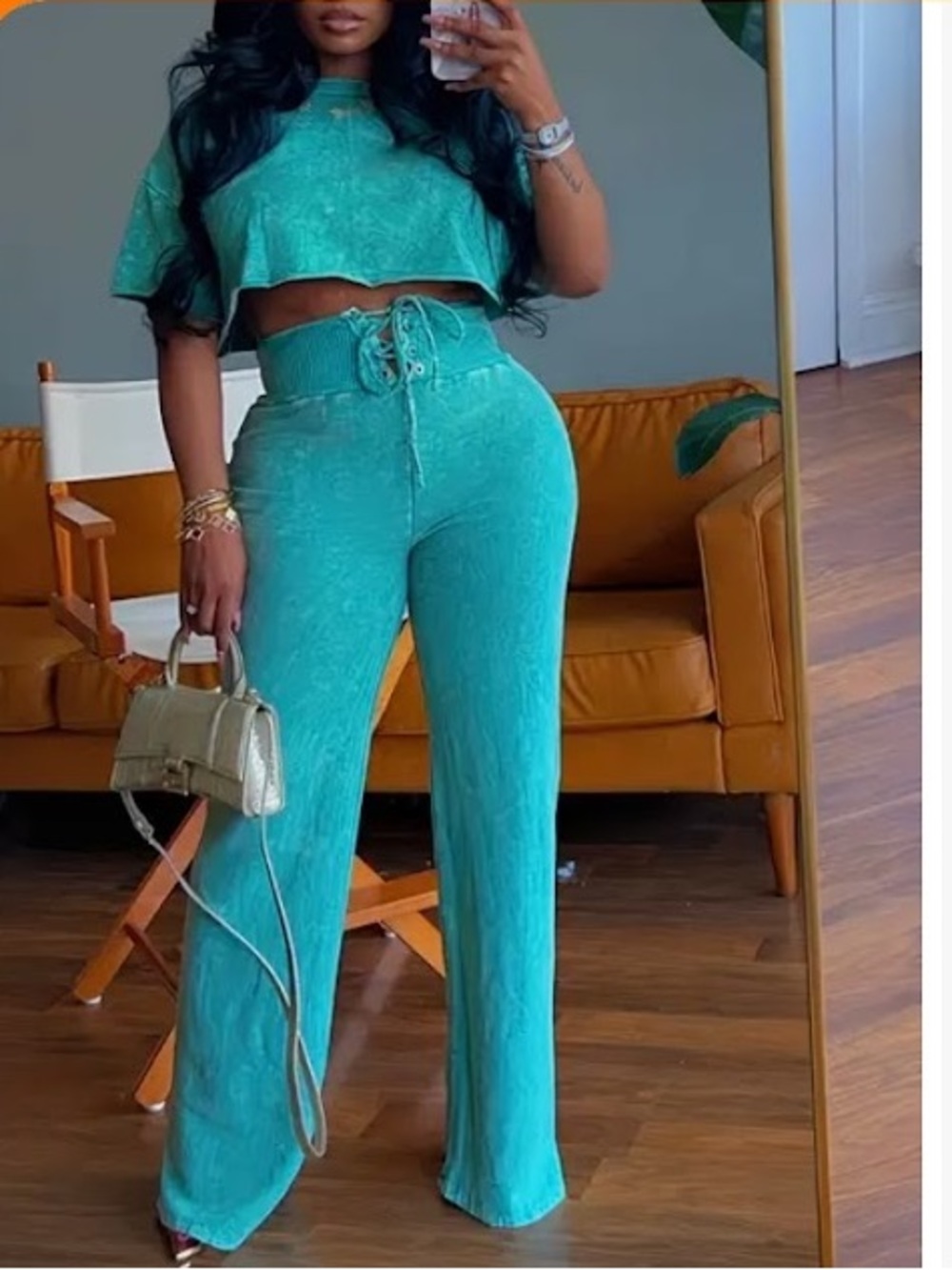 Lake Blue Printed Crop Top & Lace-Up Pants Set